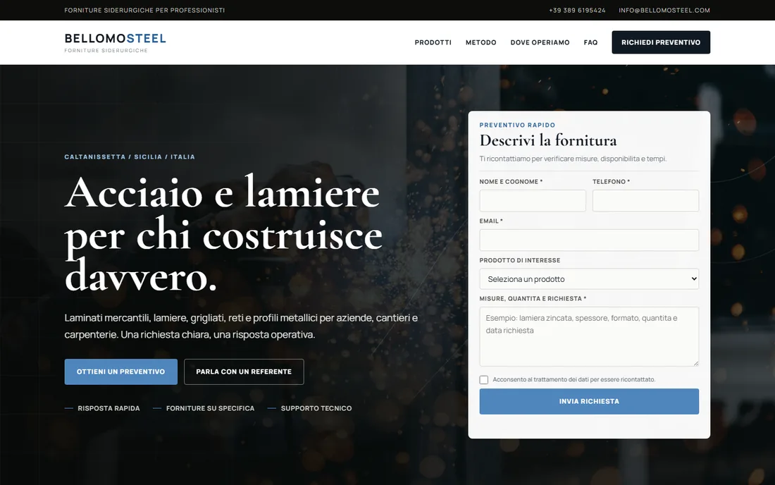 Preview del sito BelloMo Steel realizzato per forniture siderurgiche in Sicilia